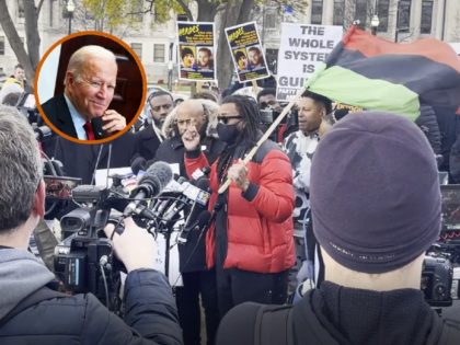 Justin Blake tells protesters "Biden Sold Us Out." at a march in Kenosha, WI, on November 21. (Photo: Randy Clark/Breitbart, Insert: Getty Images)