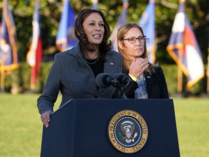 US Vice President Kamala Harris speaks as Heather Kurtenbach, Organiser and Political Dire