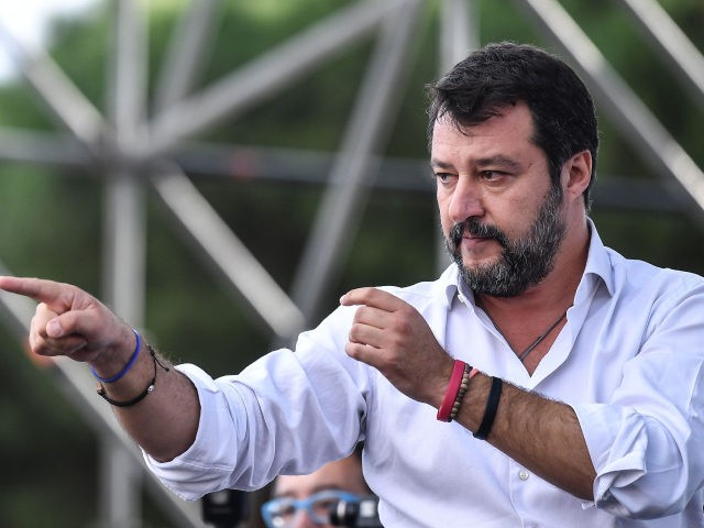 Head of Italy's far-right League party, Matteo Salvini gestures towards supporters at the start of a rally against the government on October 19, 2019 in Rome. (Photo by Tiziana FABI / AFP) (Photo by TIZIANA FABI/AFP via Getty Images)