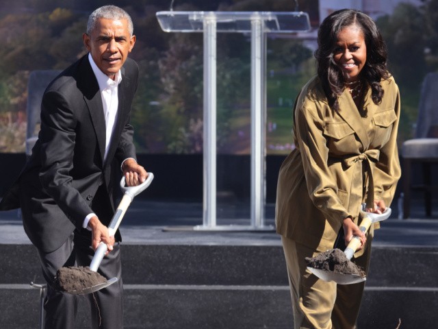 CHICAGO, ILLINOIS - SEPTEMBER 28: Former U.S. President Barack Obama and former first lady Michelle Obama participate in a ceremonial groundbreaking at the Obama Presidential Center in Jackson Park on September 28, 2021 in Chicago, Illinois. Construction of the center was delayed by a long legal battle undertaken by residents who objected to the center being built in a city park. (Photo by Scott Olson/Getty Images)