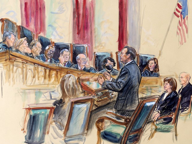 This artist sketch depicts Paul Clement standing while speaking to the Supreme Court, November 3, 2021, in Washington. Seated right of Clement is Barbara Underwood, Solicitor General New York and Brian Fletcher, Principal Deputy Solicitor General, Department of Justice Washington. (Dana Verkouteren via AP)
