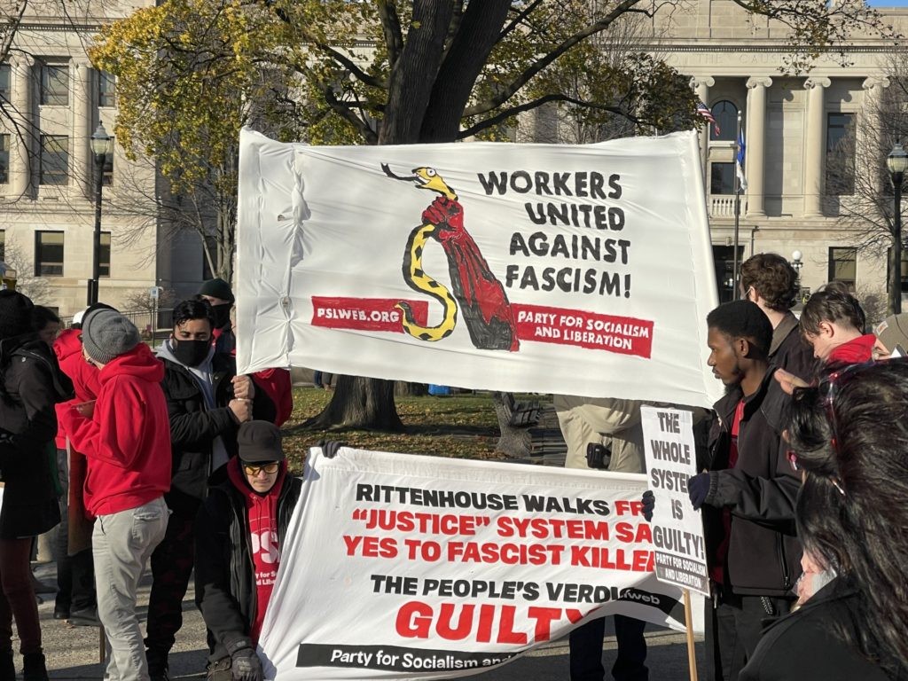 Around 50 protesters gathered near the Kenosha County Courthouse on Sunday to protest the not-guilty verdict handed down to Kyle Rittenhouse. (Photo: Randy Clark/Breitbart Texas)