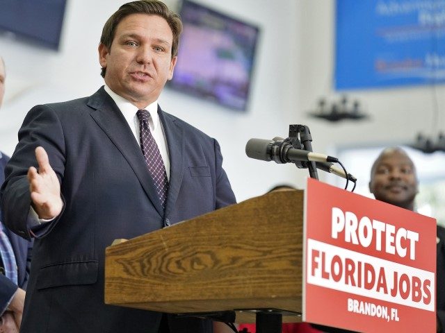 Florida Gov. Ron DeSantis speaks to supporters and members of the media after a bill signing Thursday, Nov. 18, 2021, in Brandon, Fla. DeSantis signed a bill that protects employees and their families from coronavirus vaccine and mask mandates.