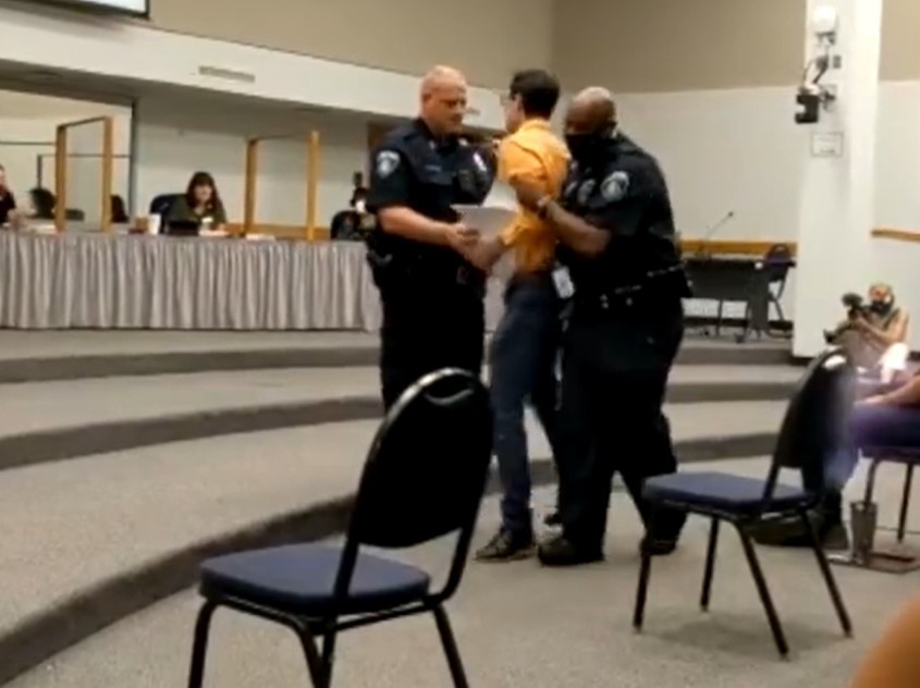 Jeremy Story forcibly removed from RRISD school board meeting by police. (Jeremy Story / Facebook)