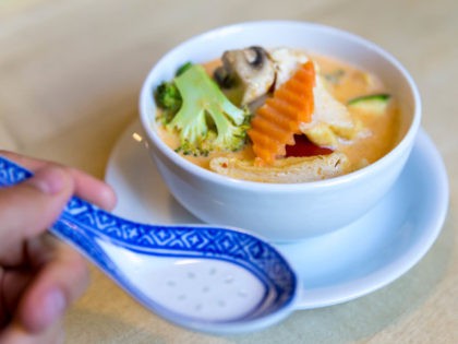 This file photo, taken on May 12, 2019, shows a "Hand holding an Asian rice spoon, in front of vegan starter 'Tom Yum,' coconut milk soup with healthy vegetables & tofu as meat substitute." (Marco Verch/Flikr)