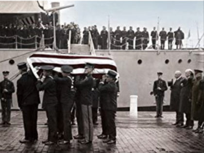 The USS Olympia in the background at the Washington Navy Yard on Nov 9, 1921. Body bearers