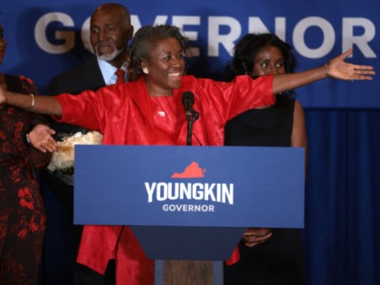 CHANTILLY, VIRGINIA - NOVEMBER 02: Virginia Republican candidate for lieutenant governor Winsome Sears takes the stage with her family during an election night rally at the Westfields Marriott Washington Dulles on November 02, 2021 in Chantilly, Virginia. Virginians went to the polls Tuesday to vote in the gubernatorial race that …