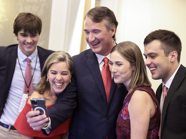 Gov.-Elect Glenn Youngkin (R-VA) and his family talk to their son John, who is studying abroad, during a watch party on election night at the Westfields Marriott Washington Dulles on November 02, 2021 in Chantilly, Virginia. (Anna Moneymaker/Getty Images)