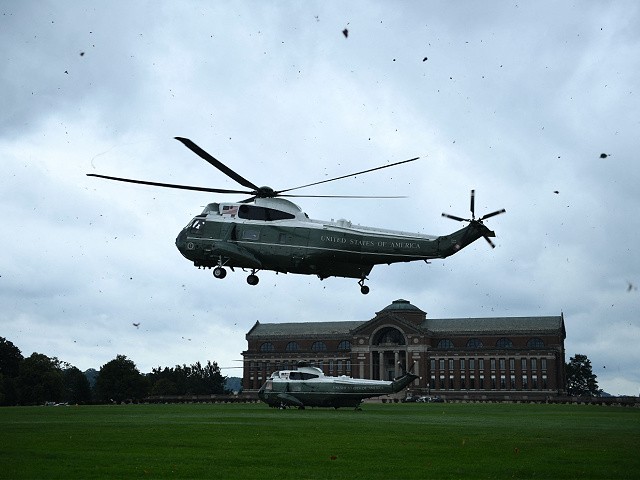 Marine One lands in front of the National War College as US President Joe Biden arrives at Fort McNair, in Washington,DC on August 16, 2021. - President Biden arrived in Washington,DC after cutting short vacation amid the Afghanistan crisis. (Photo by Brendan Smialowski / AFP) (Photo by BRENDAN SMIALOWSKI/AFP via Getty Images)