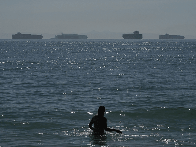 A man wades through the water at Seal Beach Calif., Friday, Oct. 1, 2021, as container ships waiting to dock at the Ports of Los Angeles and Long Beach are seen in the distance. California state lawmakers held a joint legislative hearing at the Capitol in Sacramento, Wednesday, Nov. 3, …