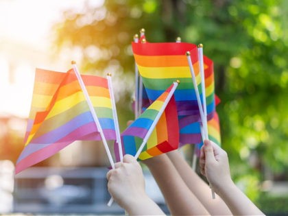 LGBT pride or LGBTQ+ gay pride with rainbow flag for lesbian, gay, bisexual, and transgender people human rights social equality movements in June month - stock photo