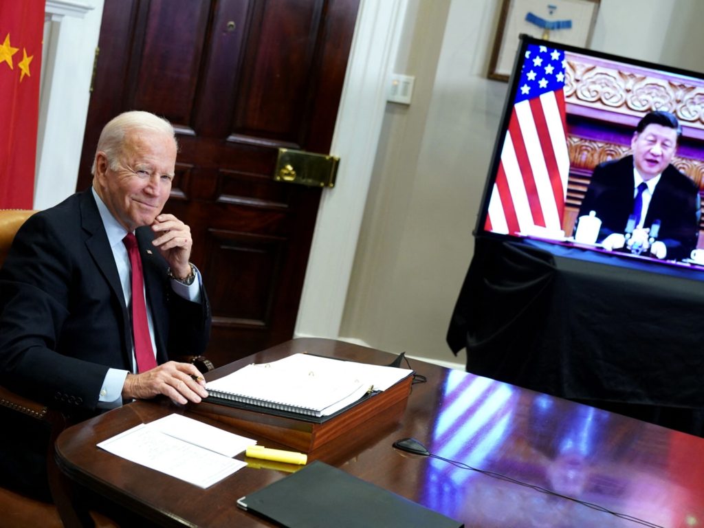 US President Joe Biden meets with China's President Xi Jinping during a virtual summit from the Roosevelt Room of the White House in Washington, DC, November 15, 2021. (Photo by MANDEL NGAN / AFP) (Photo by MANDEL NGAN/AFP via Getty Images)