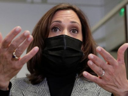 US Vice President Kamala Harris speaks as she visits the Pasteur Institute (Institut Pasteur), in Paris on November 9, 2021. - US Vice President Kamala Harris touched down in Paris on November 9, 2021, on a mission to further mend relations with France after a crisis sparked by a cancelled …