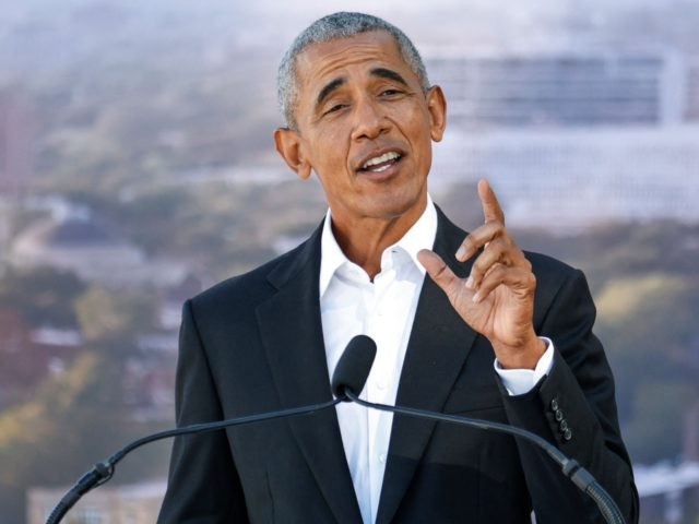 Former US President Barack Obama speaks during the groundbreaking ceremony for the Obama Presidential Center at Jackson Park on September 28, 2021 in Chicago, Illinois. - The 700-million-dollar project has been six years in the making and the center is scheduled to open in 2025. (Photo by Kamil Krzaczynski / …