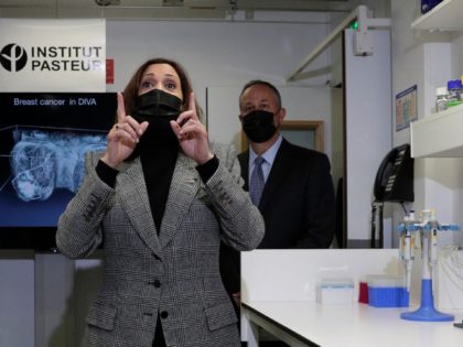 US Vice President Kamala Harris speaks as she visits the Pasteur Institute (Institut Pasteur), in Paris on November 9, 2021. - US Vice President Kamala Harris touched down in Paris on November 9, 2021, on a mission to further mend relations with France after a crisis sparked by a cancelled …