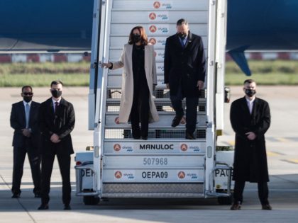 US Vice President Kamala Harris (L) and First Gentleman Douglas Emhoff (R) disembark from Air Force Two upon their arrival at the Orly airport, near Paris, on November 9, 2021. - Kamala Harris embarked on her third overseas trip on November 8, during which she will grapple with the European …