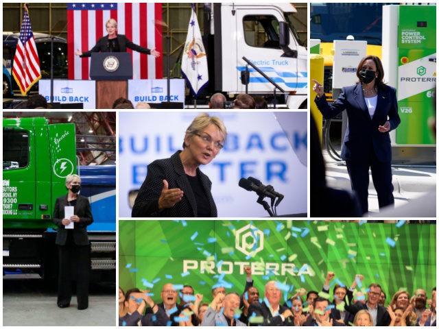 Vice President Kamala Harris speaks during a tour of Thomas Built Buses production plant in High Point, North Carolina, on April 19, 2021. The green Proterra logo is visible on the charger station next to the buses. (AP Photo/Carolyn Kaster) Energy Secretary Jennifer Granholm speaks at an event at a …