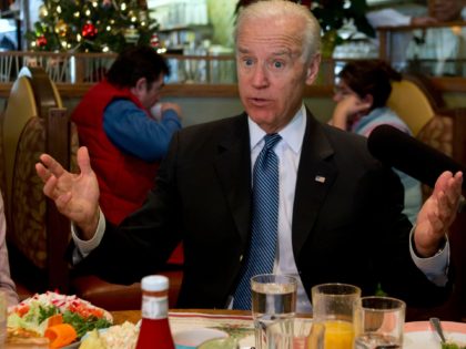 Vice President Joe Biden gestures in front of a Christmas tree while speaking to the media after eating lunch with middle class tax-payers at Metro 29 diner in Arlington, Va., Friday, Dec. 7, 2012. (AP Photo/Jacquelyn Martin)