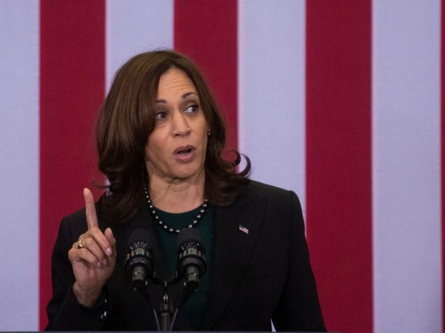 US Vice President Kamala Harris speaks at a hangar at John F. Kennedy International Airpor