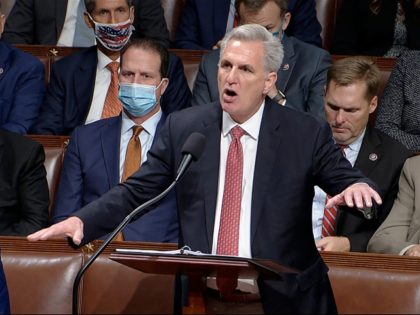 In this image from House Television, House Minority Leader Kevin McCarthy of Calif., speaks on the House floor during debate on the Democrats' expansive social and environment bill at the U.S. Capitol on Thursday, Nov. 18, 2021, in Washington. (House Television via AP)