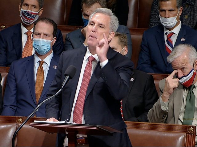 In this image from House Television, House Minority Leader Kevin McCarthy of Calif., speaks on the House floor during debate on the Democrats' expansive social and environment bill at the U.S. Capitol on Thursday, Nov. 18, 2021, in Washington. (House Television via AP)