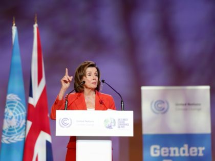 GLASGOW, SCOTLAND - NOVEMBER 09: Nancy Pelosi, Speaker of the United States House of Representatives speaks on stage in Plenary 2 (Pen y Fan) during COP26 on November 9, 2021 in Glasgow, Scotland. Day ten of the 2021 climate summit in Glasgow will focus on Gender, Science and Innovation. This …