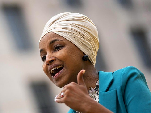 WASHINGTON, DC - APRIL 9: Rep. Ilhan Omar (D-MN) speaks during a press conference at Black Lives Matter Plaza calling for an end to U.S. support for a Saudi Arabia-led blockade of Yemen on April 9, 2021 in Washington, DC. 26 year-old Iman Saleh is on her 12th day of …