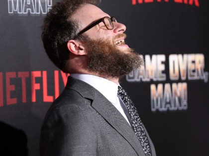 Seth Rogen laughs at the LA Premiere of "Game Over, Man!" at on Wednesday, March 21, 2018, in Los Angeles. (Photo by Willy Sanjuan/Invision/AP)