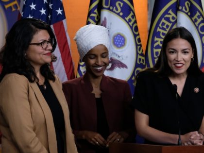 WASHINGTON, DC - JULY 15: U.S. Reps. Rashida Tlaib (D-MI), Ilhan Omar (D-MN) and Alexandria Ocasio-Cortez (D-NY) listen during a news conference at the U.S. Capitol on July 15, 2019 in Washington, DC. President Donald Trump stepped up his attacks on the four progressive Democratic congresswomen, saying that if they're …