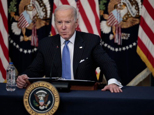 WASHINGTON, DC - NOVEMBER 29: U.S. President Joe Biden delivers remarks at the start of a hybrid virtual roundtable with CEOs and leaders of retail, consumer products firms, and grocery store chains in the Eisenhower Executive Office Building on November 29, 2021 in Washington, DC. President Biden spoke on his …