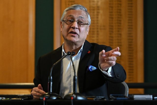 New Yorkshire County Cricket Club chairman Kamlesh Patel speaks to reporters at Headingley