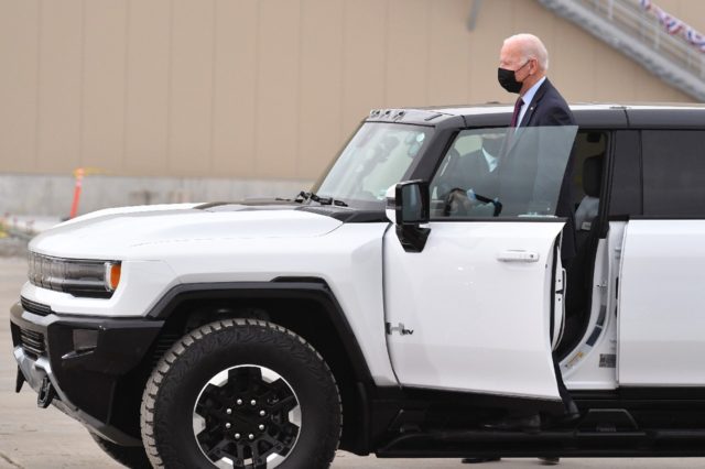 US President Joe Biden test drives a GMC Hummer EV at the General Motors Factory ZERO elec