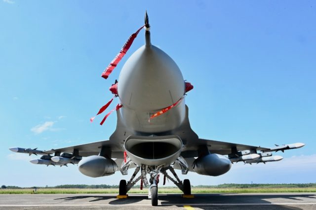 An upgraded F-16V warplane is displayed during the ceremony at Chiayi in Taiwan