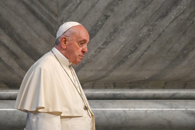 Pope Francis arrives for a special audience at the Chair of St. Peter on November 24, 2021