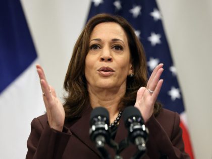 US Vice-President Kamala Harris gives a press conference in Paris on November 12, 2021. (Photo by Thomas COEX / POOL / AFP) (Photo by THOMAS COEX/POOL/AFP via Getty Images)