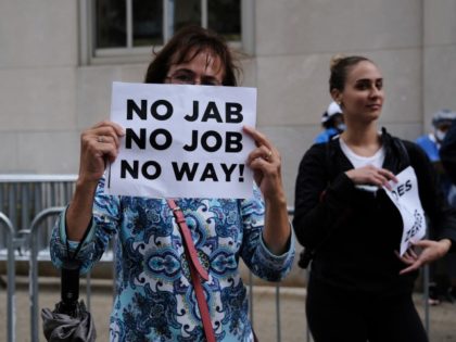 NEW YORK, NEW YORK - SEPTEMBER 01: A small group of anti-vaccination protesters gathers ou