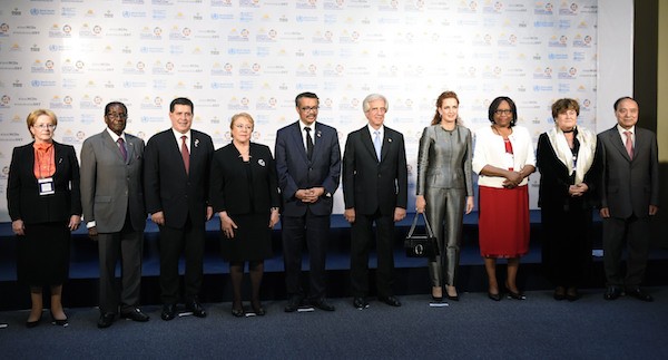 Russian Federation Health Minister Veronica Skvorsova, from left, Zimbabwe's President Robert Mugabe, Paraguay's President Horacio Cartes, Chile's President Michelle Bachelet, WHO President Tedros Adhanom, Uruguay's President Tabare Vazquez, Morocco princess Lalla Salma, Pan American Health Organization regional director Carissa Etienne, World Health Organization for Europe Director Zsuzsanna Jakab and General Secretary of the International Telecomunications Union Houlin Zhao, pose for a group picture during the WHO Global Conference on non communicable diseases, in Montevideo, Uruguay, Wednesday, Oct. 18, 2017. (AP Photo/Matilde Campodonico)