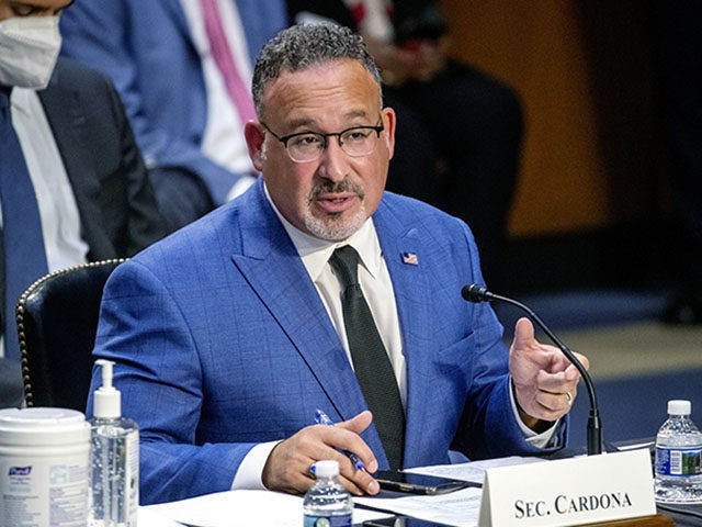 Secretary of Education Miguel Cardona testifies before a Senate Health, Education, Labor, and Pensions Committee hearing, Thursday, Sept. 30, 2021 on Capitol Hill in Washington. (Shawn Thew/Pool via AP)
