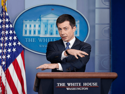 Transportation Secretary Pete Buttigieg speaks during the daily briefing at the White Hous
