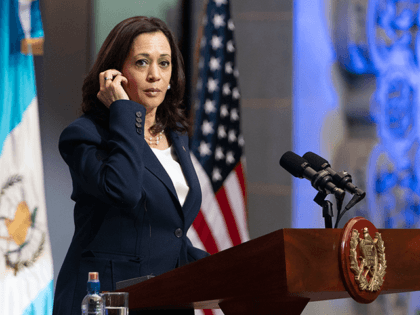 Vice President Kamala Harris, left, and Guatemalan President Alejandro Giammattei, (unseen) attend a news conference, Monday, June 7, 2021, at the National Palace in Guatemala City. Harris on Monday, Dec. 13, 2021, is announcing $1.2 billion in commitments from international businesses to support the economies and social infrastructure of Central …