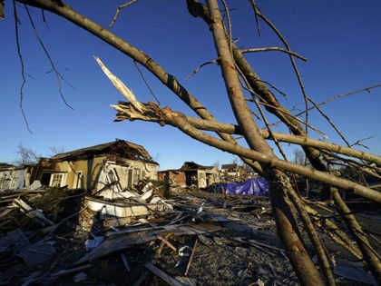 Destroyed homes ad trees are seen in the aftermath of tornadoes that tore through the region, in Mayfield, Ky., Monday, Dec. 13, 2021. (AP Photo/Gerald Herbert)