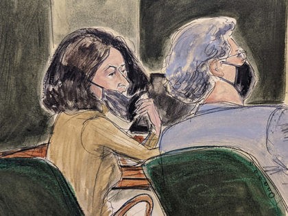 In this courtroom sketch, Ghislaine Maxwell, left, pulls down her mask to talk to one of her lawyers, Jeffrey Pagliuca, during Maxwell's sex trafficking trial, Monday, Dec. 27, 2021, in New York. (AP Photo/Elizabeth Williams)