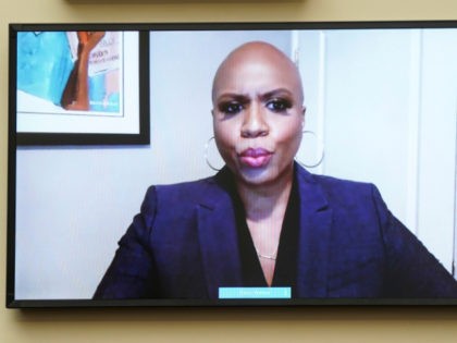 Rep. Ayanna Pressley, D-Mass., speaks via teleconference during a House Financial Services