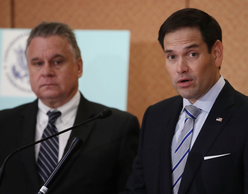 WASHINGTON, DC - OCTOBER 10: Sen. Marco Rubio (R-FL) (R), and Rep. Chris Smith (R-NJ) speak about the Congressional-Executive Commission on China during a news conference to discuss the commission's annual report on human rights conditions and the rule of law in China, on Capitol Hill on October 10, 2018 in Washington, DC. (Photo by Mark Wilson/Getty Images)