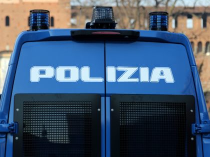 armored truck of the Italian police with text POLIZIA that means POLICE in Italian language