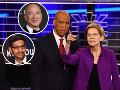(L-R) Former US Secretary of Housing and Urban Development Julian Castro, US Senator from New Jersey Cory Booker, US Senator from Massachusetts Elizabeth Warren, former US Representative for Texas' 16th congressional district Beto O'Rourke participate in the NBC News Democratic Candidates debate at the Adrienne Arsht Center for the Performing …