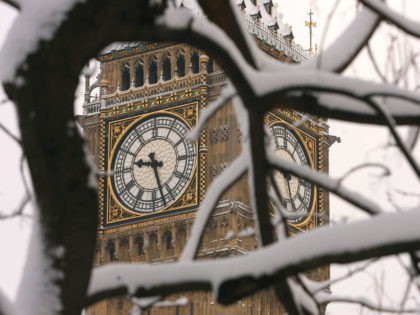Snow covered trees surround Big Ben in central London on February 2, 2009. A blanket of sn