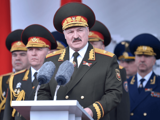 Belarus' President Alexander Lukashenko gives a speech during a military parade to mark th