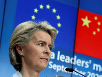 European Commission President Ursula von der Leyen and European Council President, connected via video with the German Chancellor, hold a news conference after a virtual summit with China's President in Brussels on September 14, 2020. (Photo by YVES HERMAN / POOL / AFP) (Photo by YVES HERMAN/POOL/AFP via Getty Images)