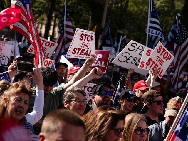 ATLANTA, GA - NOVEMBER 21: Protesters rally outside the Georgia State Capitol during a 'March for Trump' protest against the results of the 2020 Presidential election on November 21, 2020 in Atlanta, Georgia. This week Georgia finished their hand recount of the ballots which also confirmed President-Elect Joe Biden's win in the state. (Photo by Elijah Nouvelage/Getty Images)